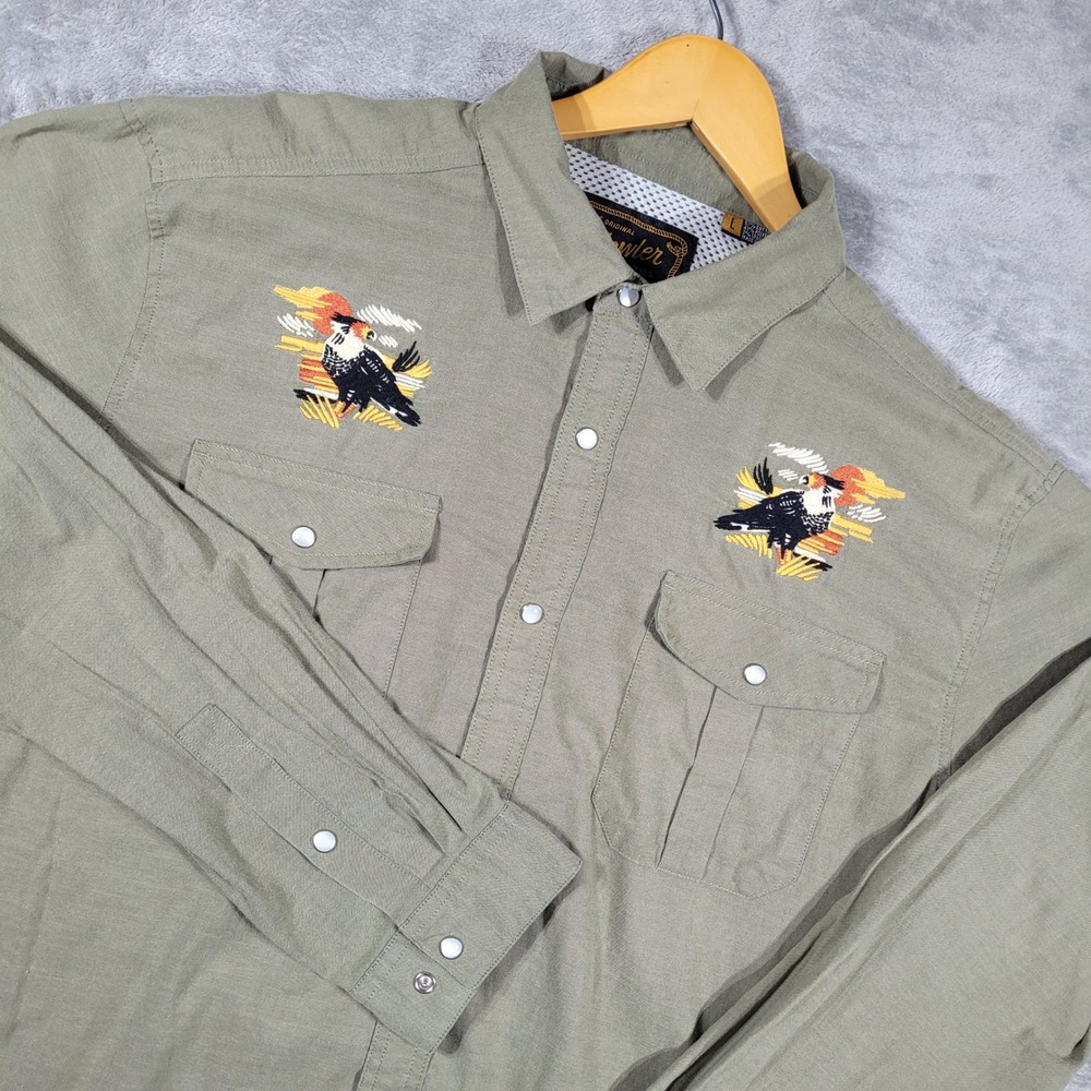 Howler Brothers Gaucho Shirt Mens Large Green Snapshirt Caracaras Bird Vented
